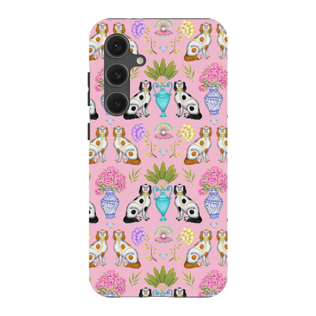 Samsung tough phone case with a pink Miami China pattern featuring dogs, floral vases, and shells by Catherine Rowe.