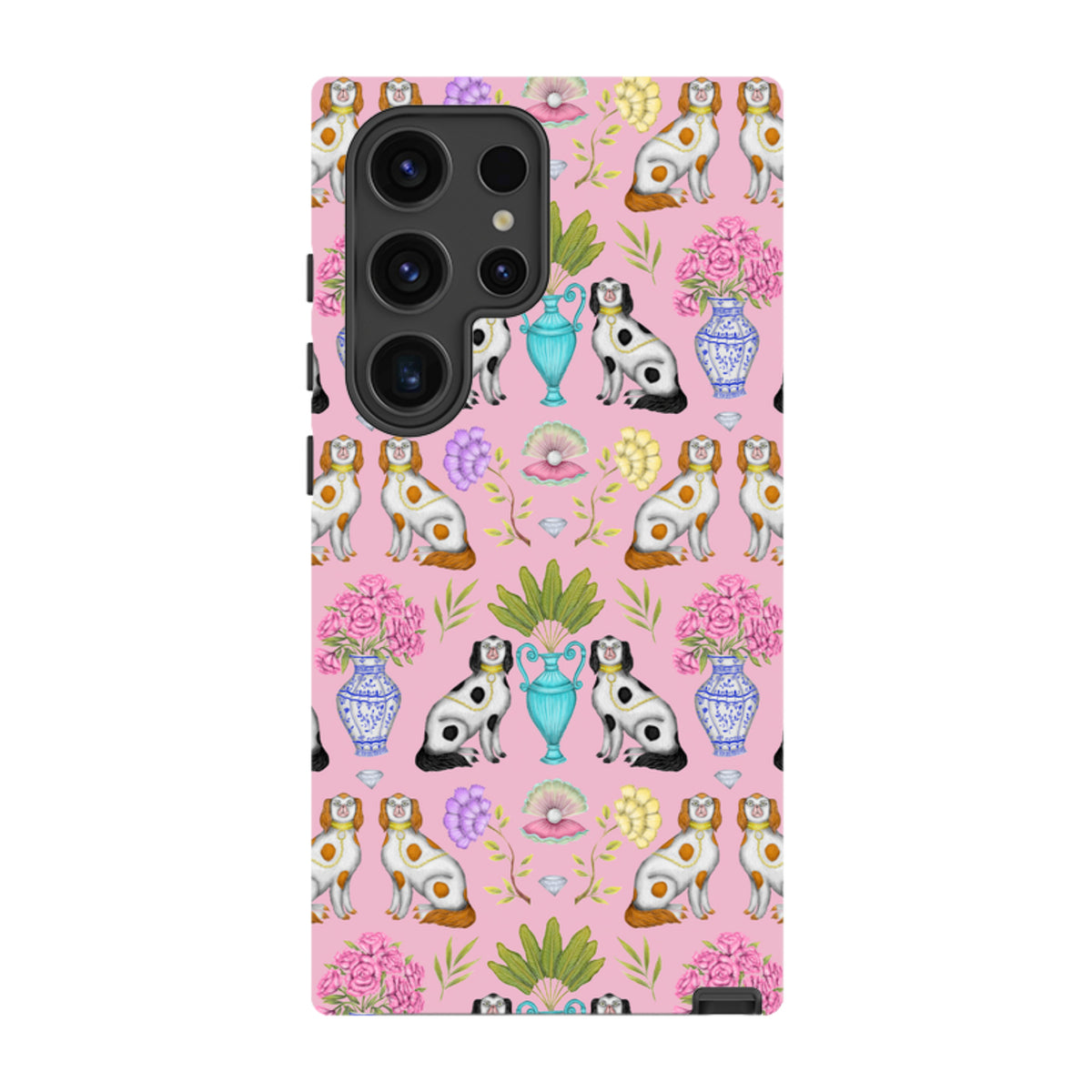 Samsung Tough Case featuring a pink pattern of dogs, floral vases, and shells by Catherine Rowe for Galaxy phones.