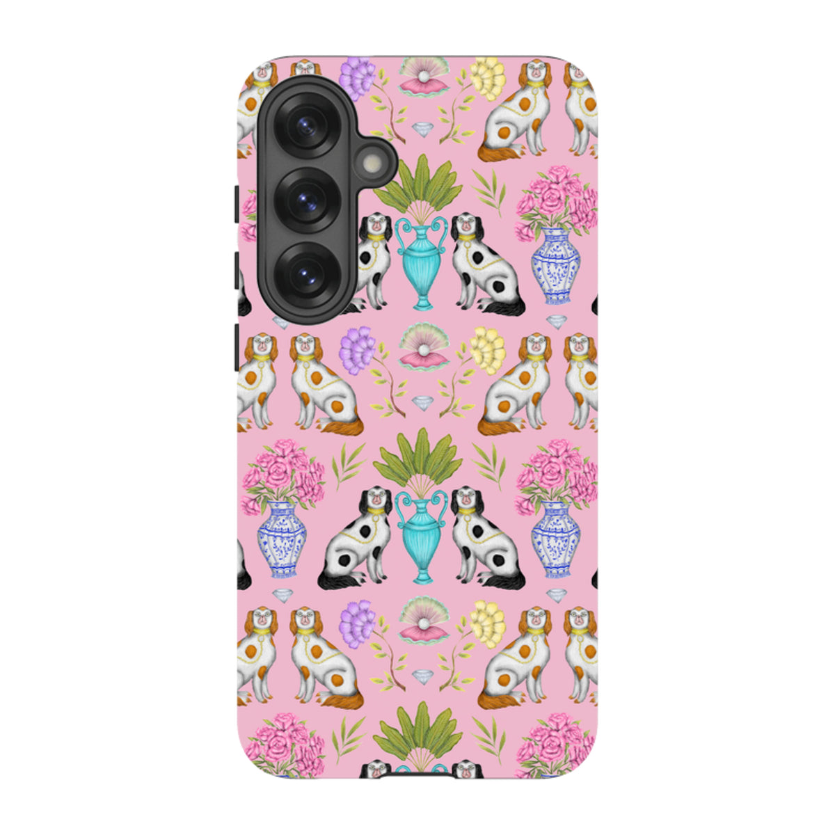 Samsung Tough Case featuring a pink pattern of dogs, floral vases, and shells by Catherine Rowe for Galaxy phones.