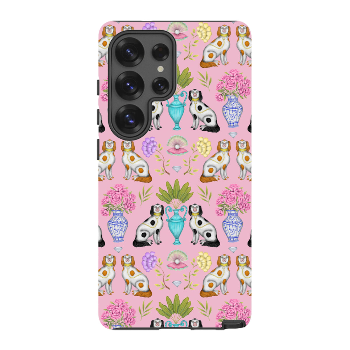 Samsung Tough Case with a pink pattern featuring illustrated dogs, floral vases, and shells by Catherine Rowe.