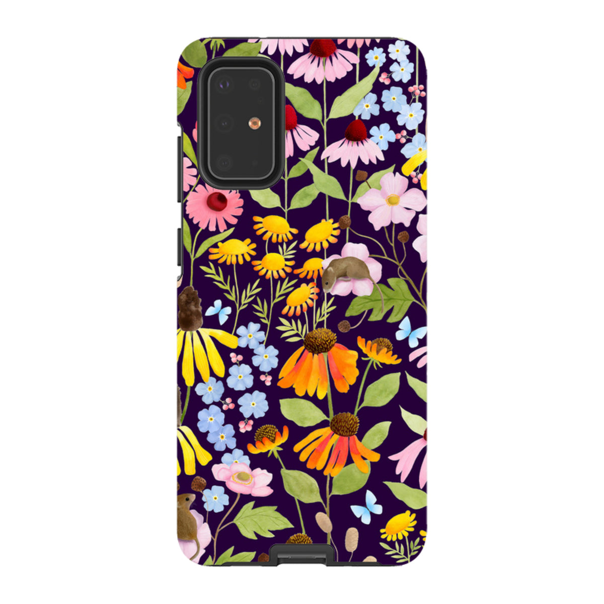 Samsung Tough Case featuring a dark purple background with colorful wildflowers, green leaves, and cute mice illustrations.