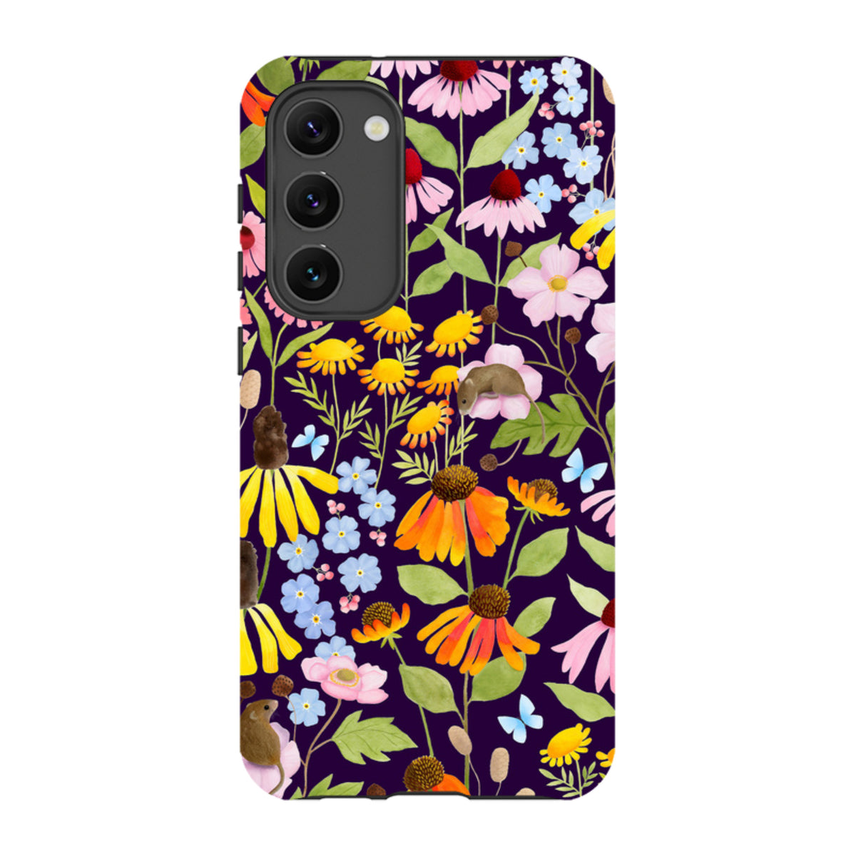 Samsung Tough Case featuring a dark purple background with colorful mice and wildflower botanical illustrations.