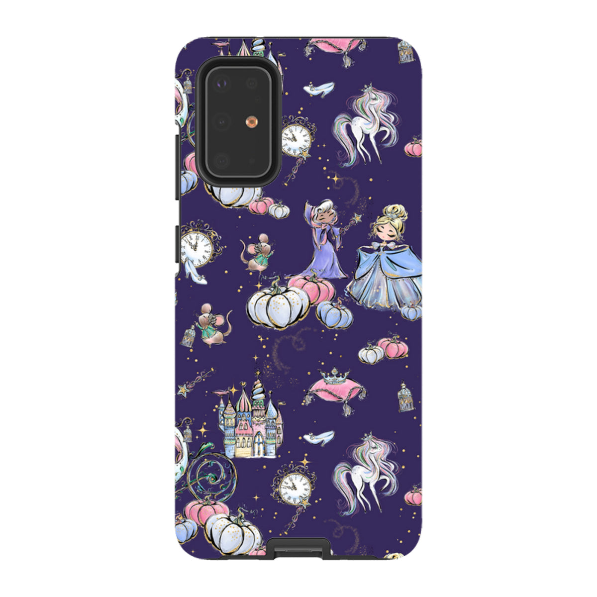 Samsung Tough Case in Midnight featuring a whimsical fairytale pattern with castles, pumpkins, and unicorns on dark blue.