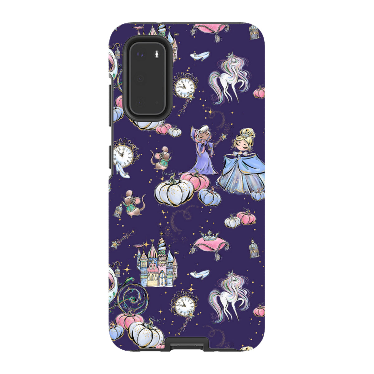 Midnight blue Samsung Tough Case featuring a whimsical Cinderella-themed pattern with castles, pumpkins, and carriages.