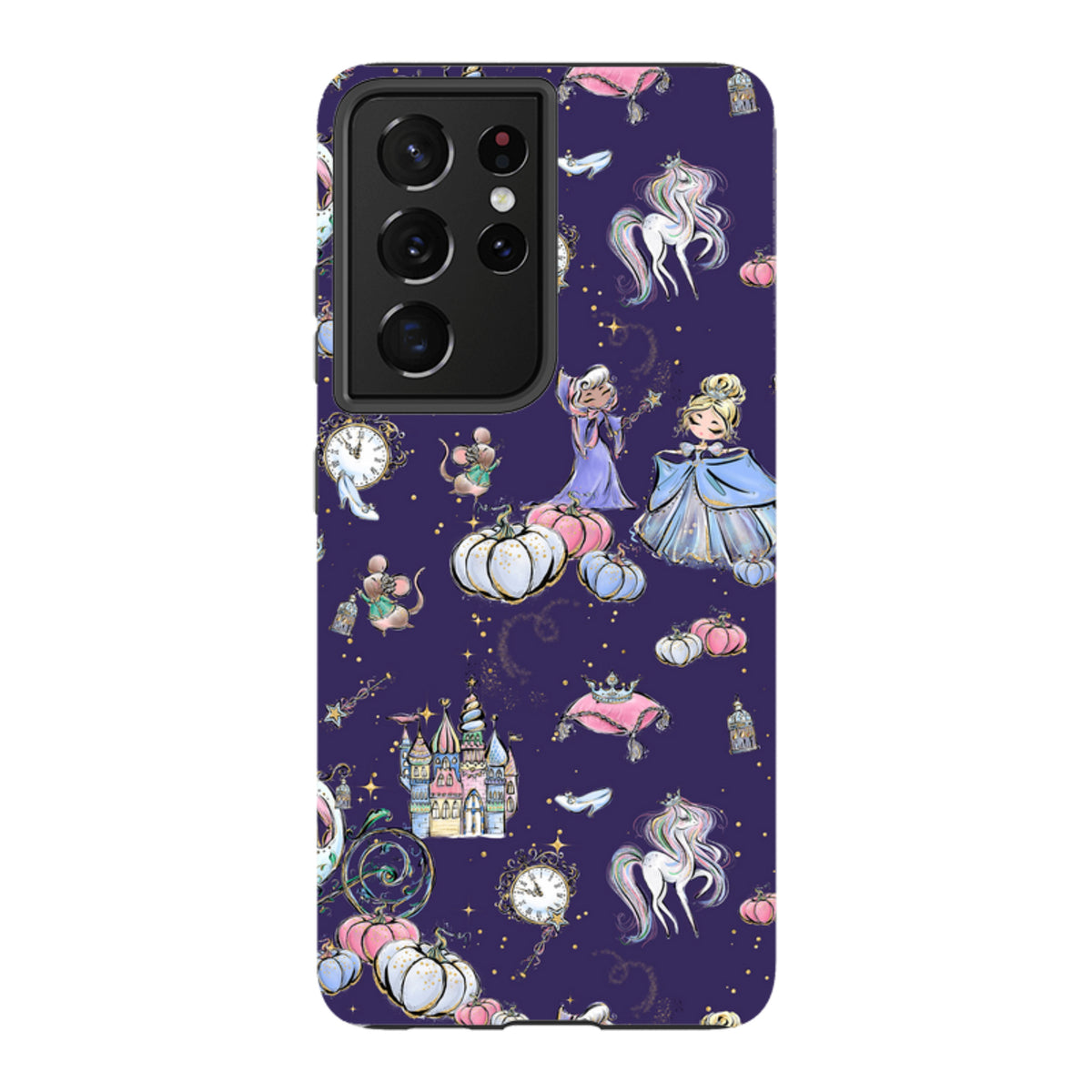Midnight blue Samsung tough case featuring a whimsical Cinderella-themed pattern with castles, pumpkins, and unicorns.