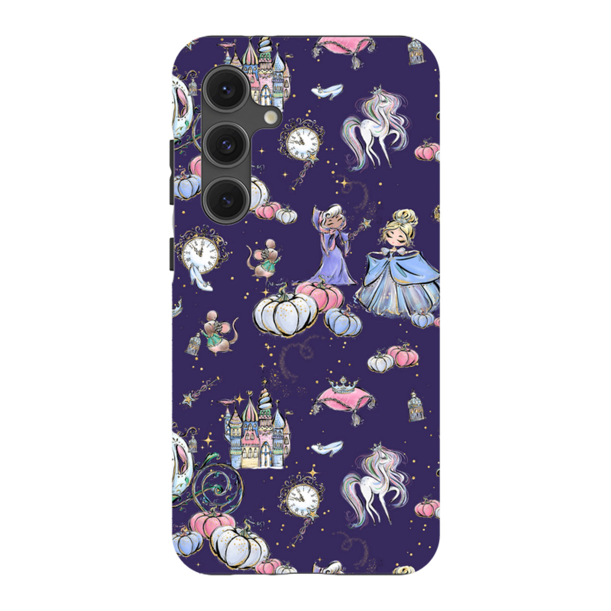 Midnight Samsung Tough Case featuring a whimsical Cinderella-themed pattern with castles, pumpkins, and carriages.