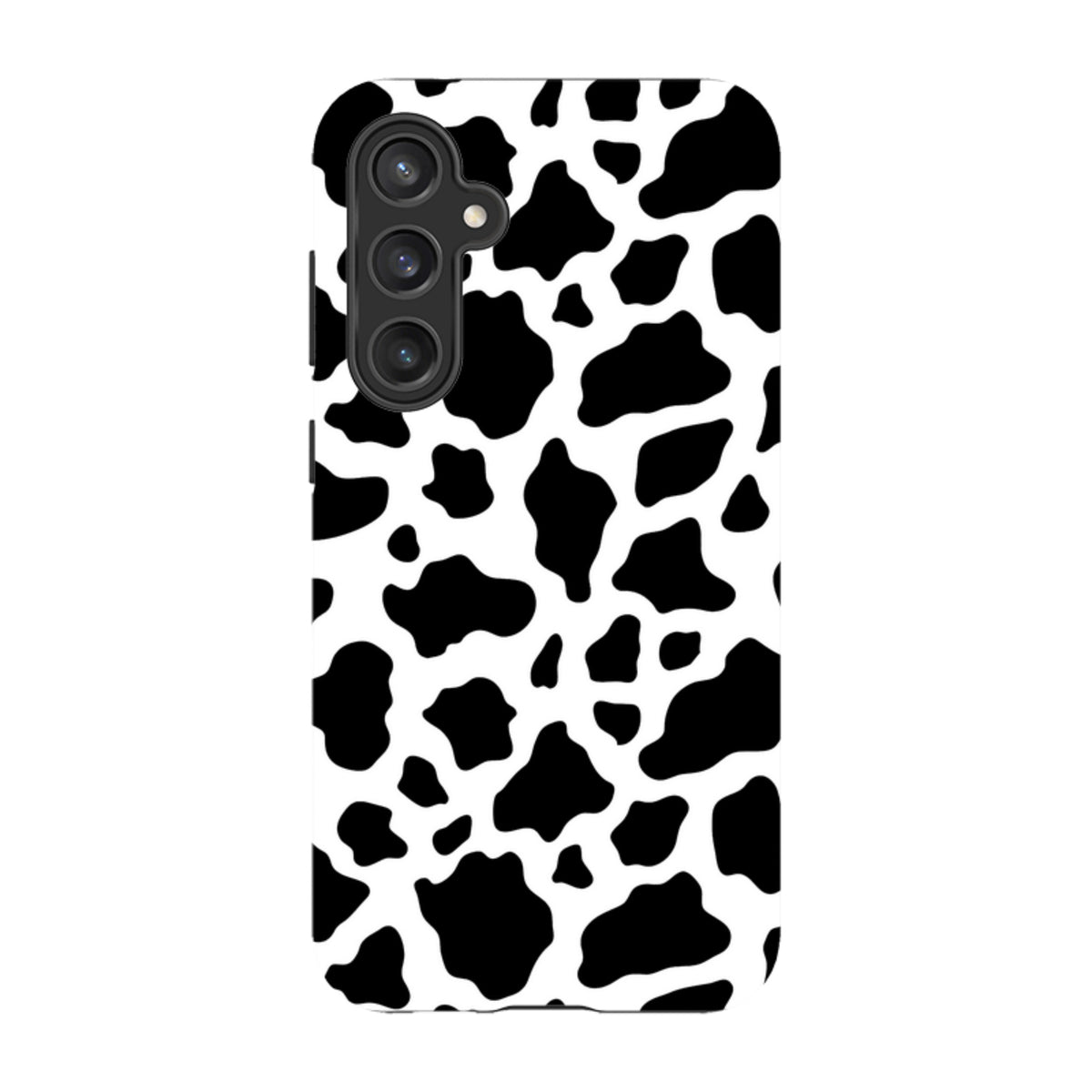 Samsung Tough Case with a black and white cow print pattern, featuring a durable dual-layer design for Galaxy phones.