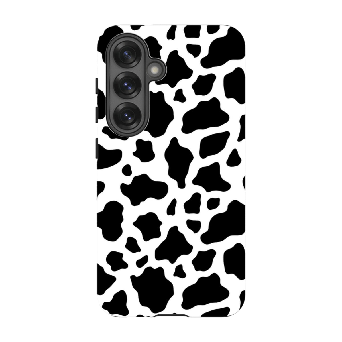 Samsung Galaxy tough case featuring a black and white cow print pattern with a durable dual-layer design.