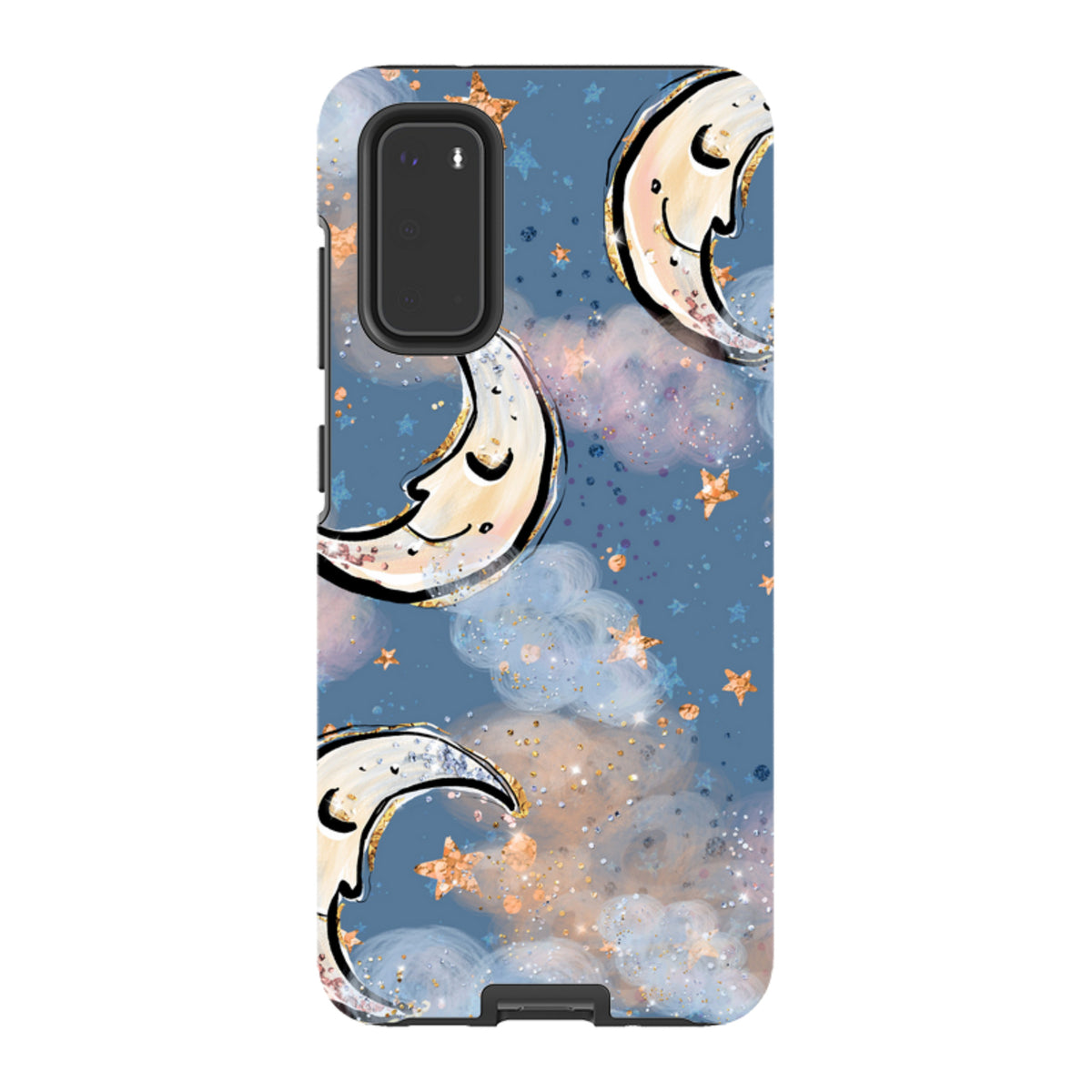 Samsung Tough Case featuring a blue night sky with whimsical crescent moons, gold glitter stars, and soft clouds.