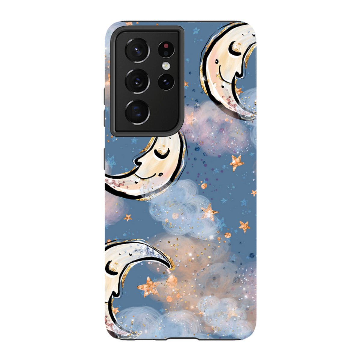Samsung Galaxy tough case featuring a blue sky, whimsical crescent moons, gold glitter stars, and soft clouds.