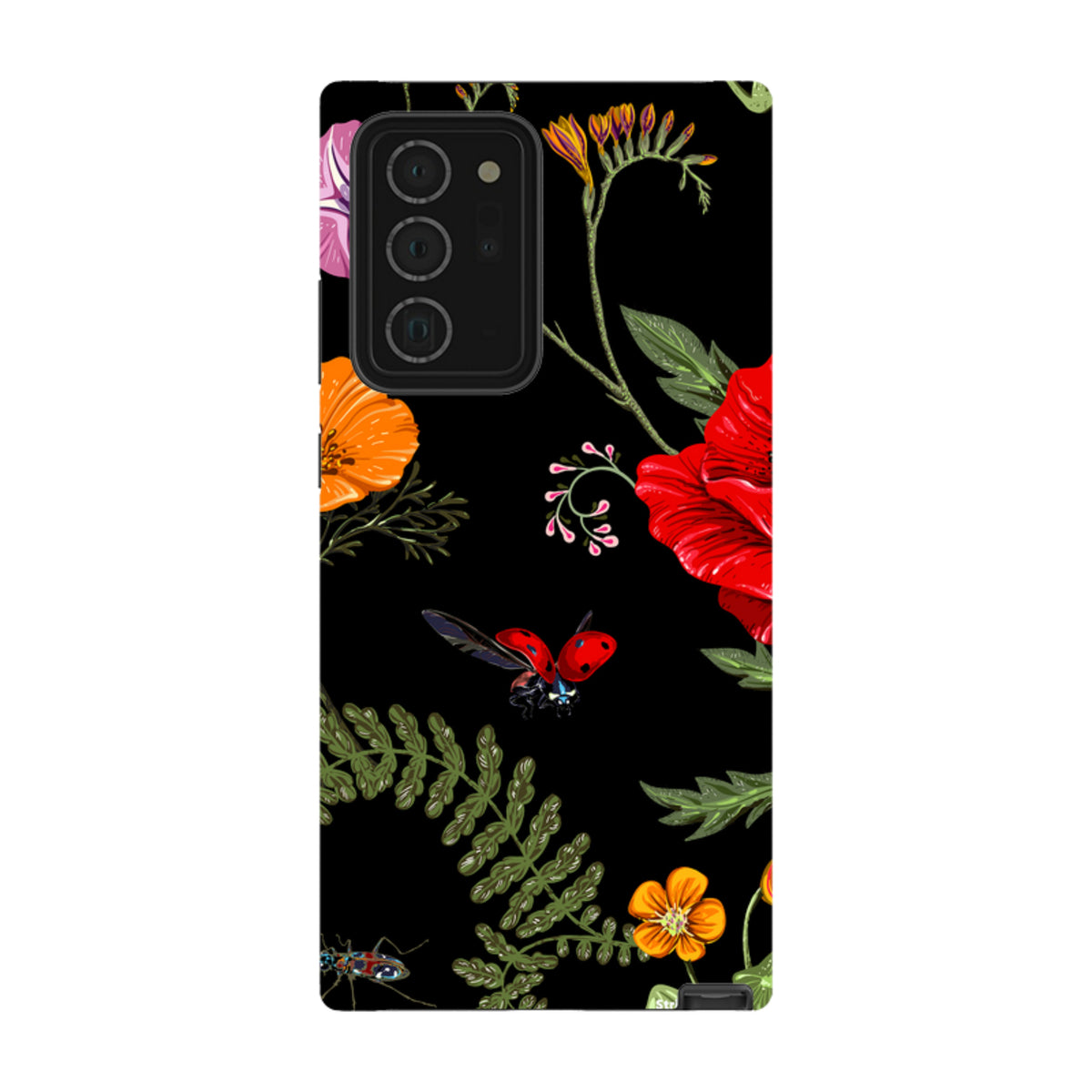 Samsung Tough Case featuring a floral Moonlight Garden print with ladybugs on a black background for Galaxy devices.