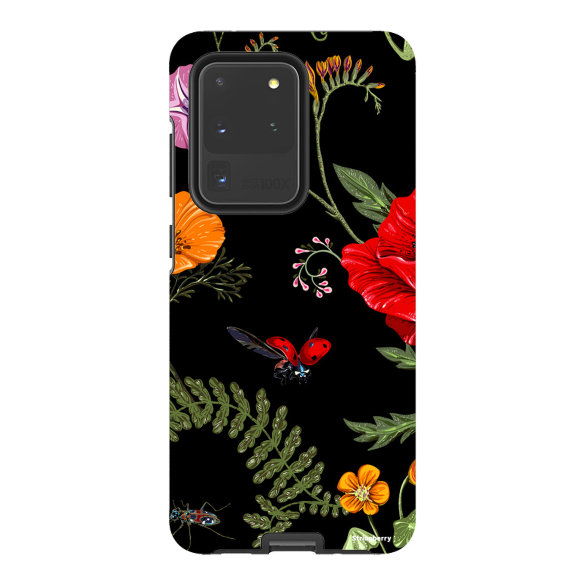 Samsung Tough Case with black background, vibrant floral garden print, and ladybug art for a dual-layer protective fit.