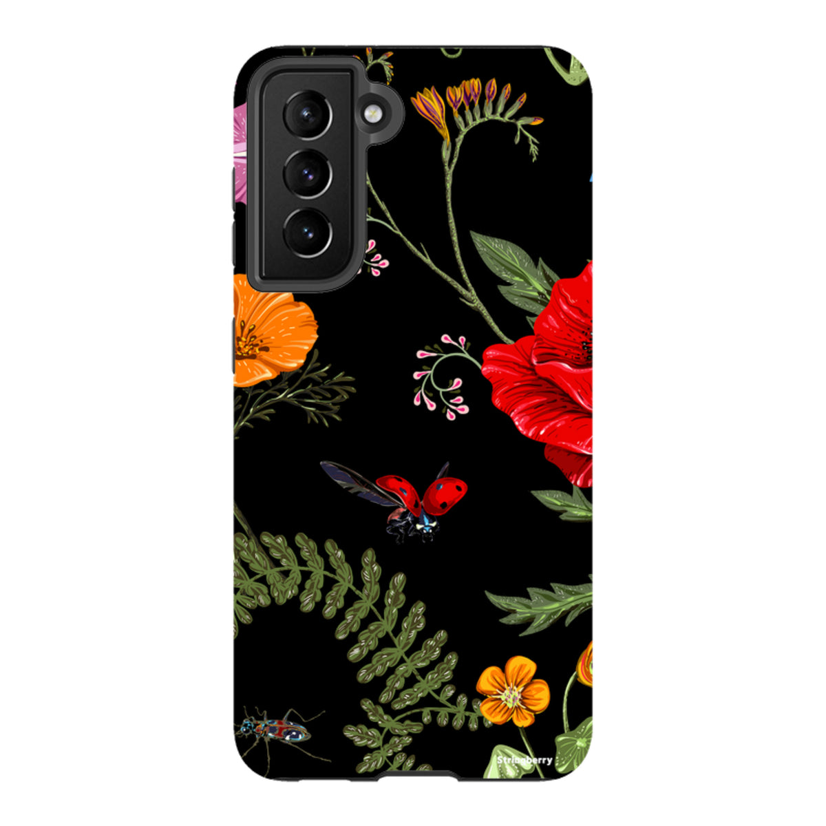 Samsung Tough Case featuring a black background with vibrant floral and ladybug artwork for dual-layer phone protection.