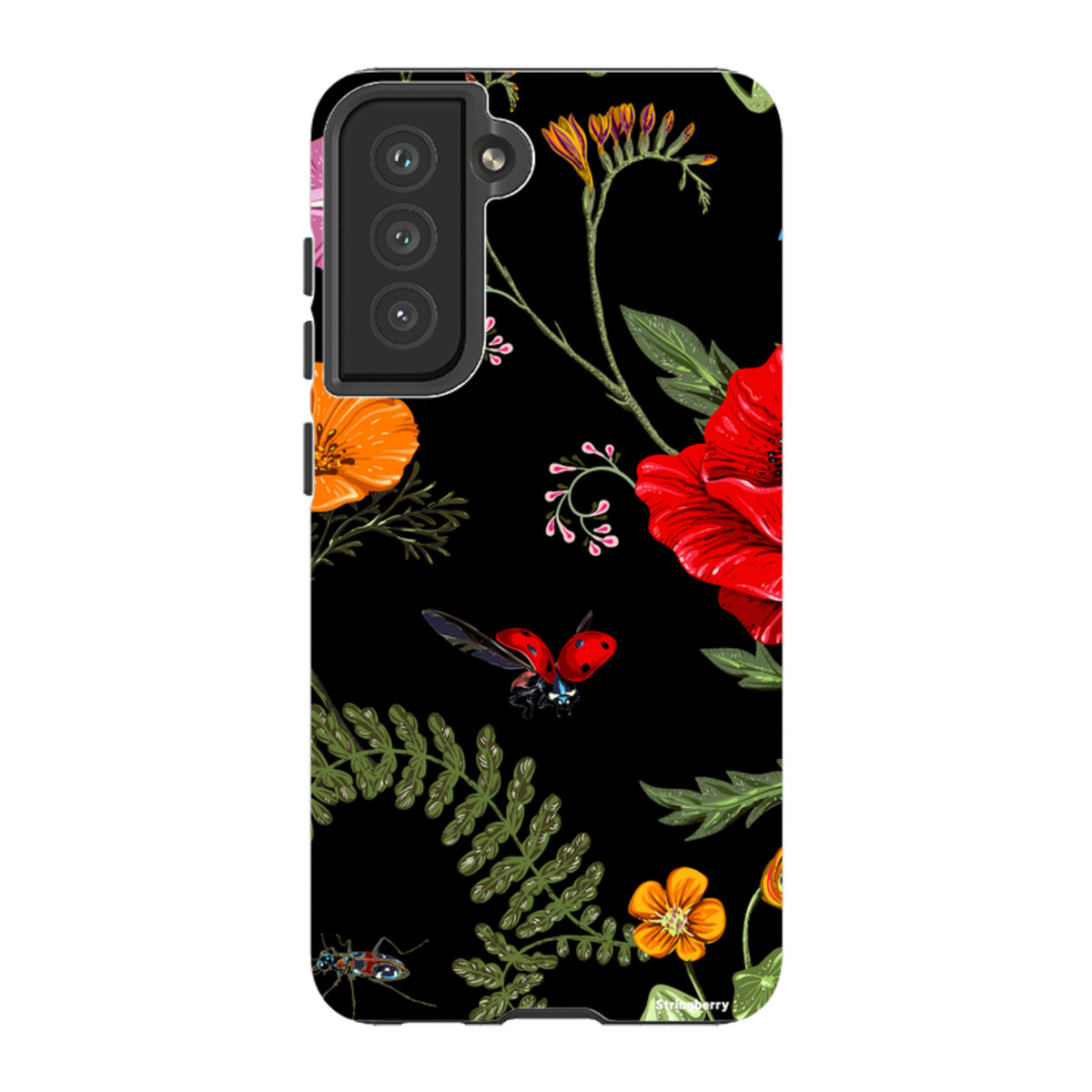 Samsung Tough Case featuring a black background with vibrant red poppies, orange flowers, and ladybugs.