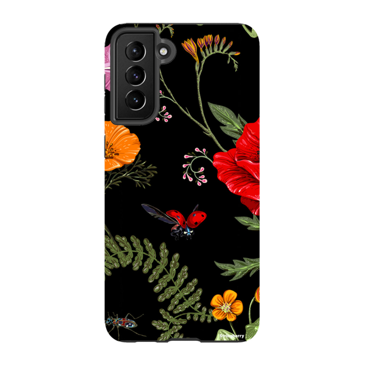 Samsung Tough Case with Moonlight Garden floral and ladybug print on a black dual-layer protective shell.