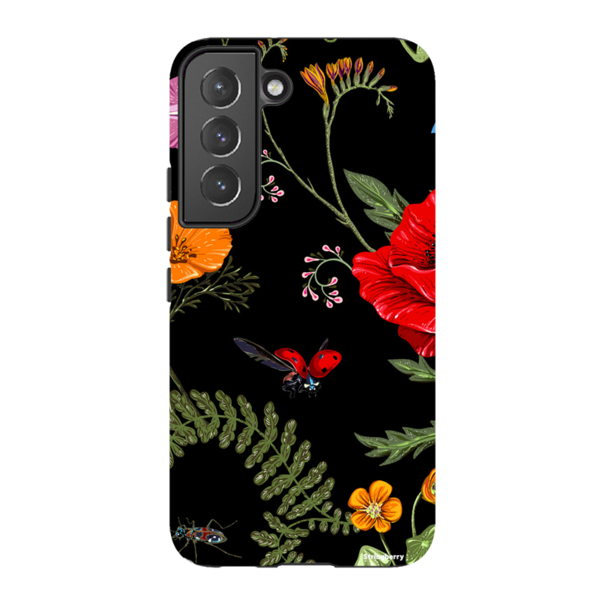 Samsung Tough Case featuring a black background with vibrant red poppies, orange flowers, and ladybugs.