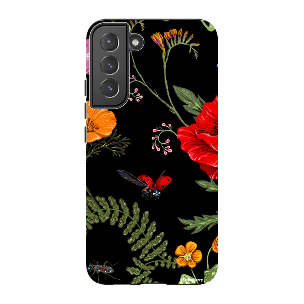 Samsung Tough Case featuring a Moonlight Garden floral and ladybug print on a black dual-layer protective shell.