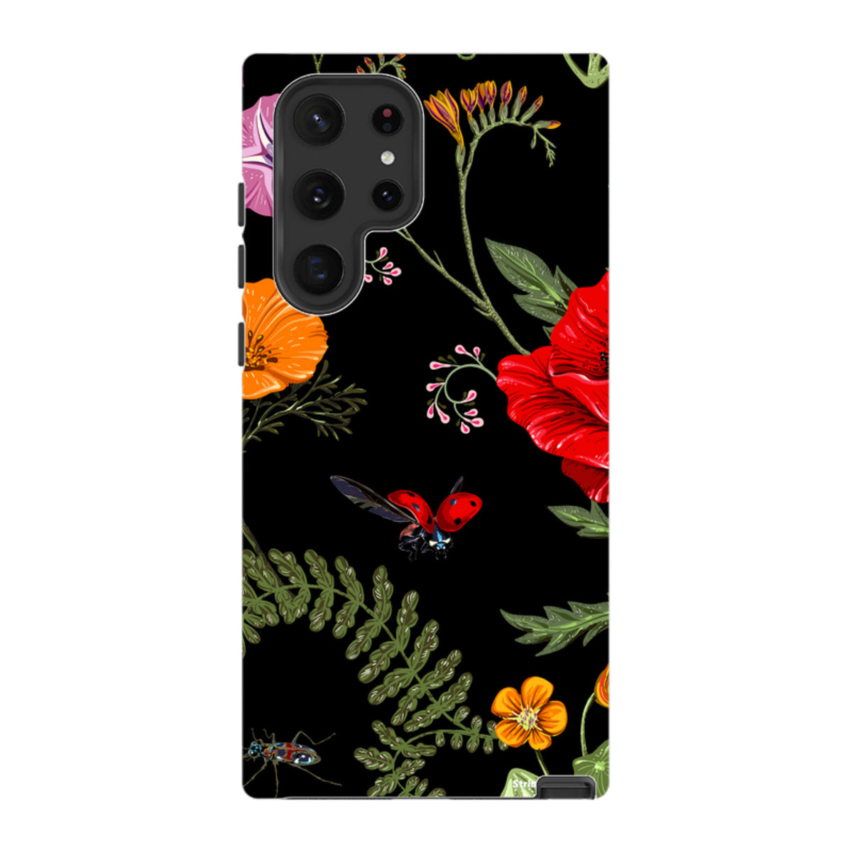Samsung Tough Case featuring a Moonlight Garden floral print with ladybugs on a black background for Galaxy devices.