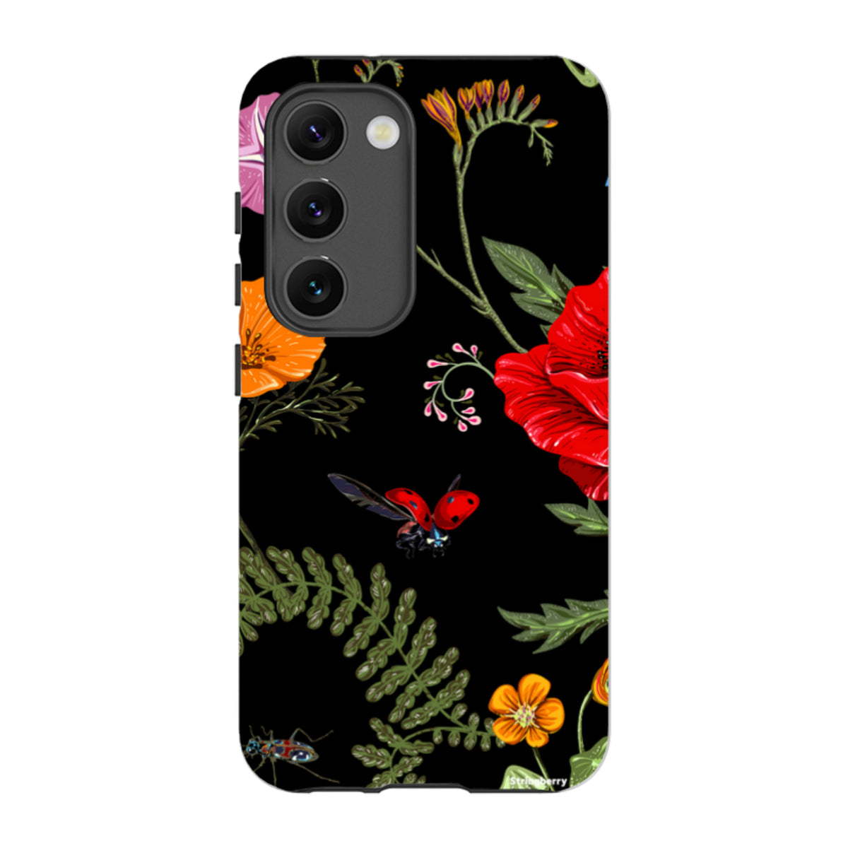 Samsung Tough Case featuring a vibrant floral and ladybug Moonlight Garden print on a black dual-layer protective shell.