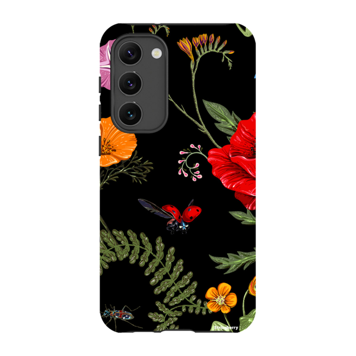 Samsung Galaxy tough case featuring a black background with vibrant floral, ladybug, and botanical garden illustrations.