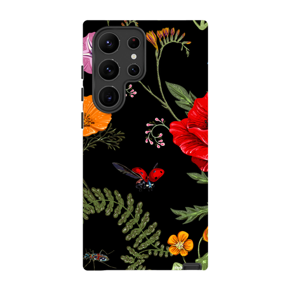 Samsung Tough Case featuring a black background with vibrant floral and ladybug artwork for Galaxy devices.