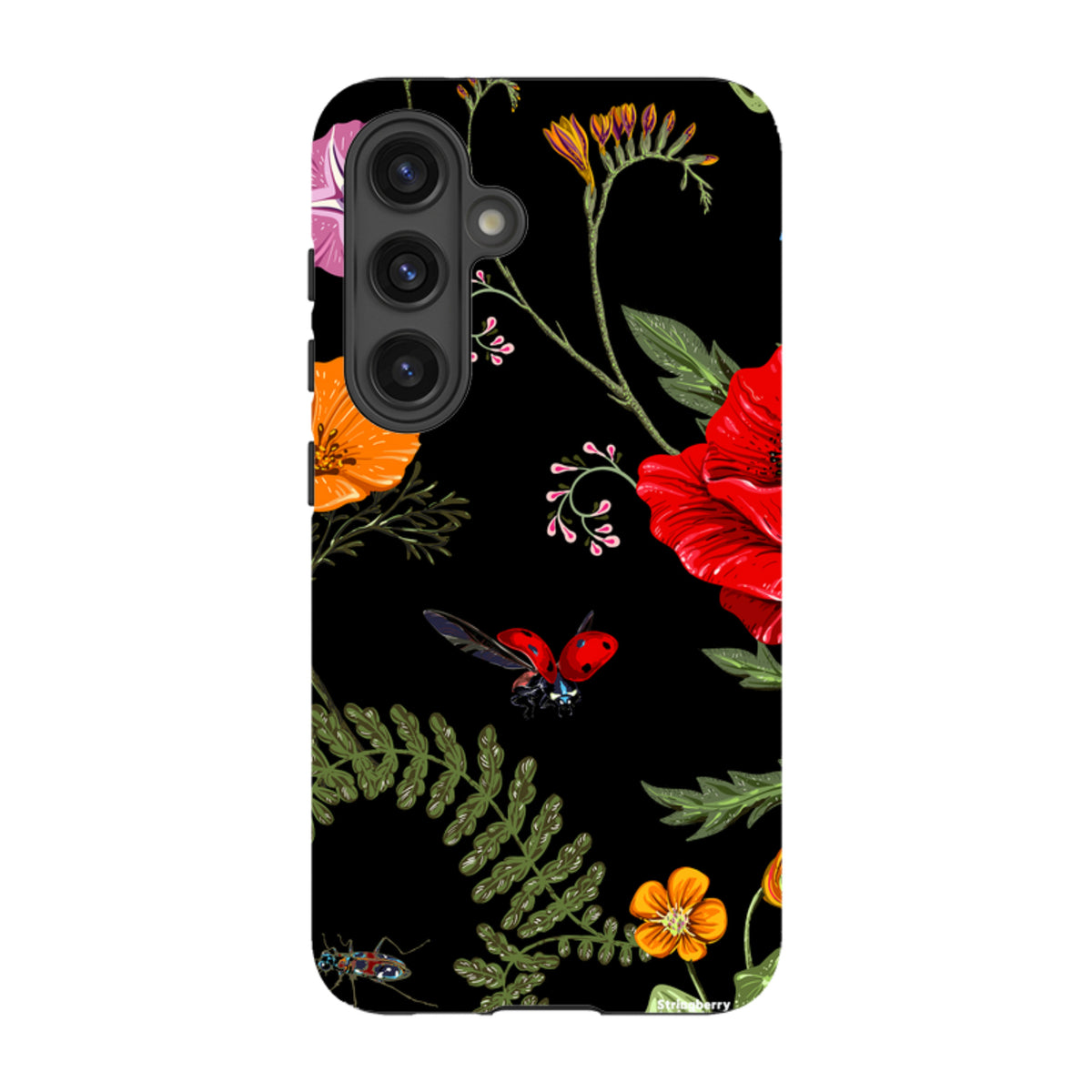 Samsung Tough Case featuring a black background with vibrant floral patterns, ladybugs, and dual-layer protective design.