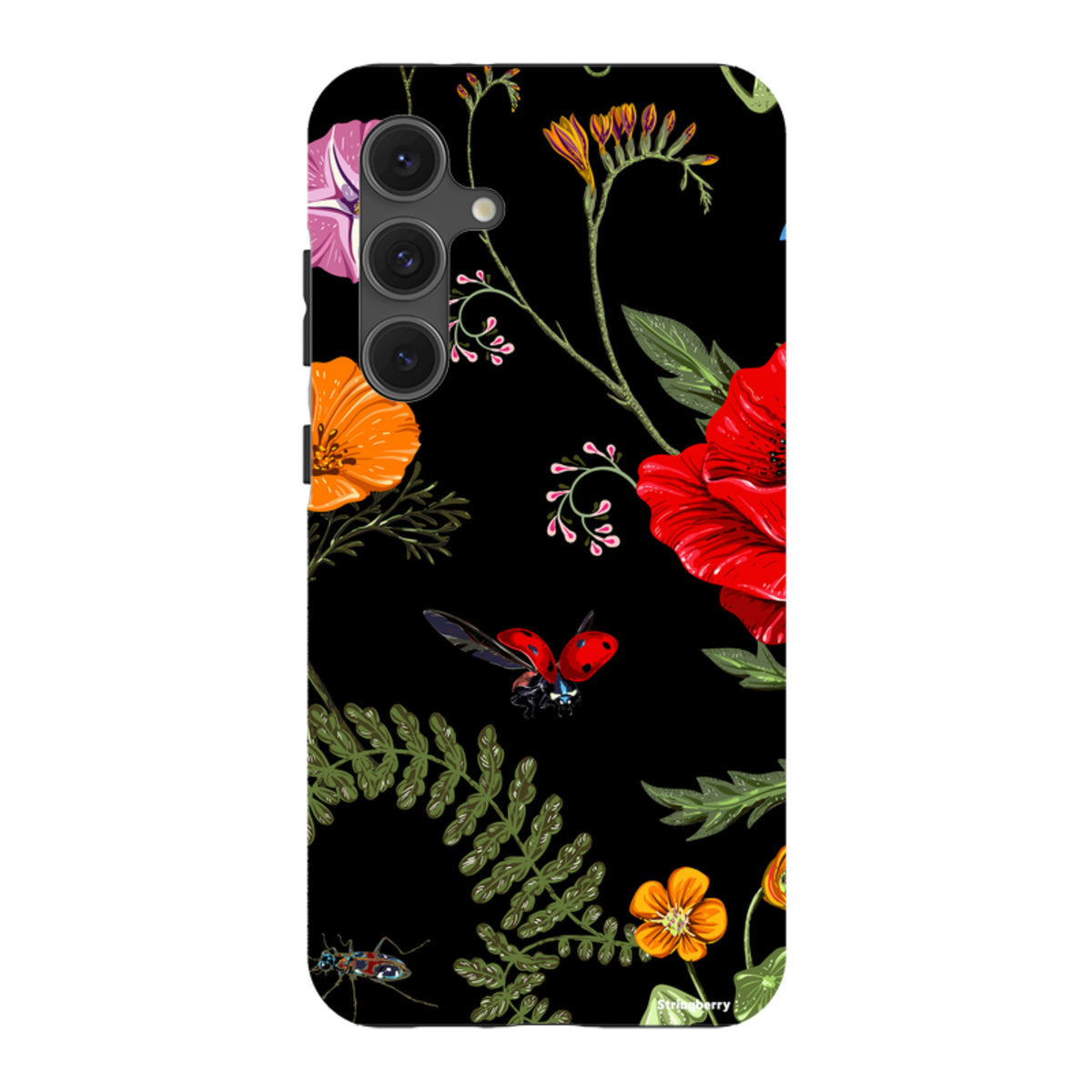 Samsung Galaxy tough case with a black background, vibrant floral Moonlight Garden print, and ladybug illustrations.