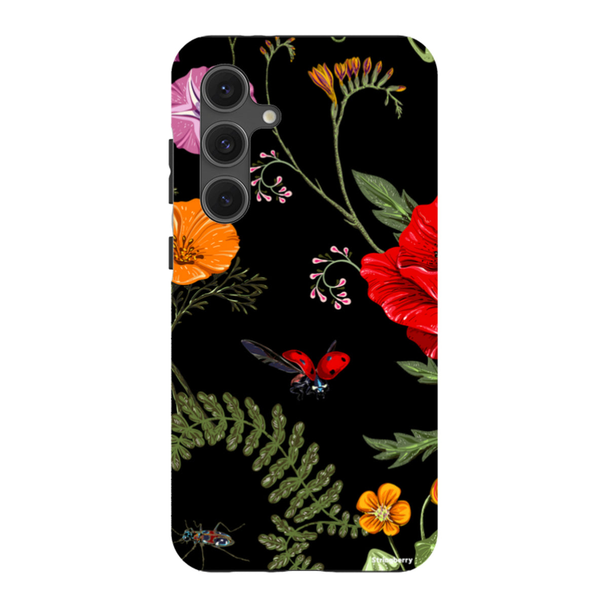 Samsung Tough Case featuring a black background with vibrant floral patterns, green ferns, and a ladybug illustration.