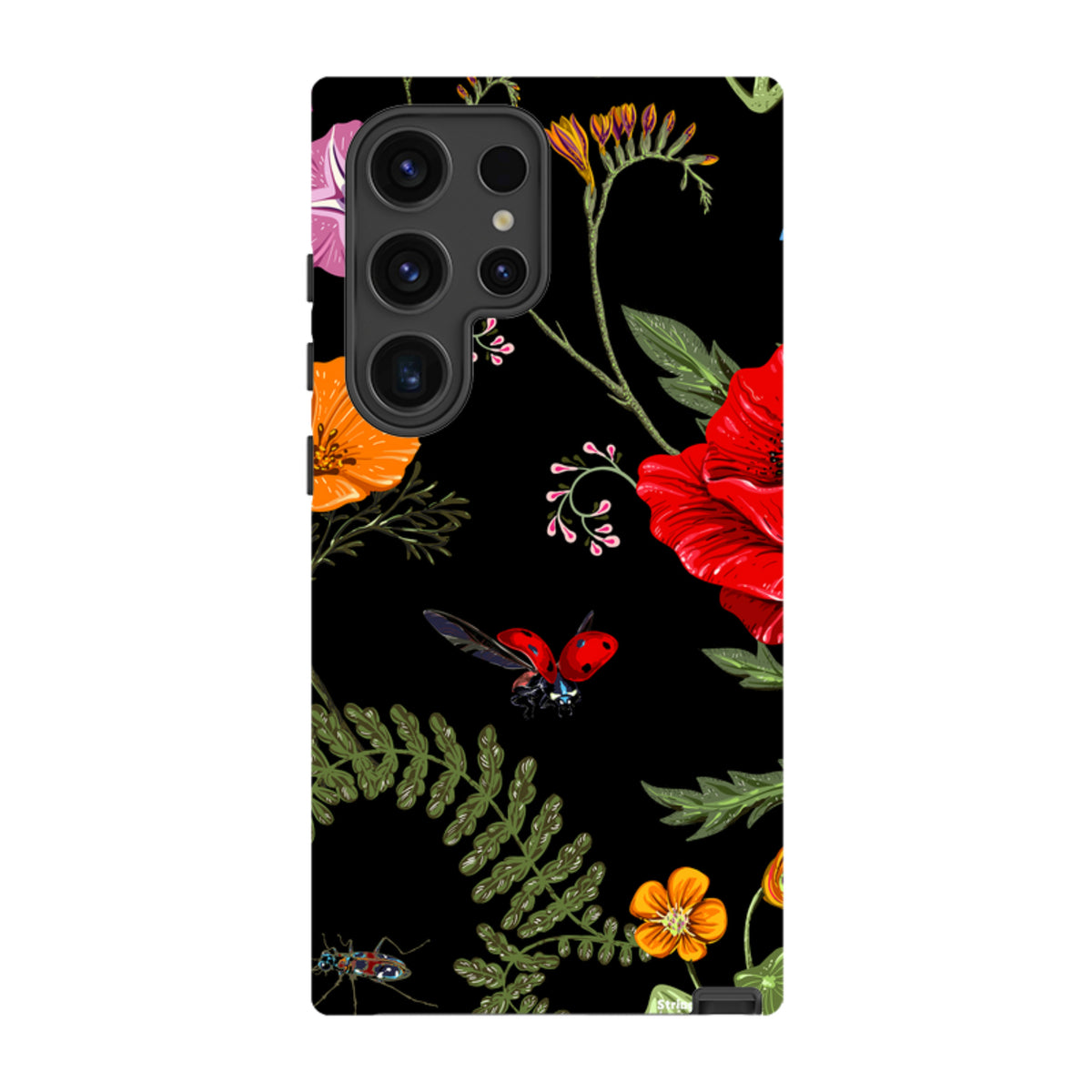 Samsung Tough Case featuring a Moonlight Garden floral print with a ladybug on a black dual-layer protective shell.