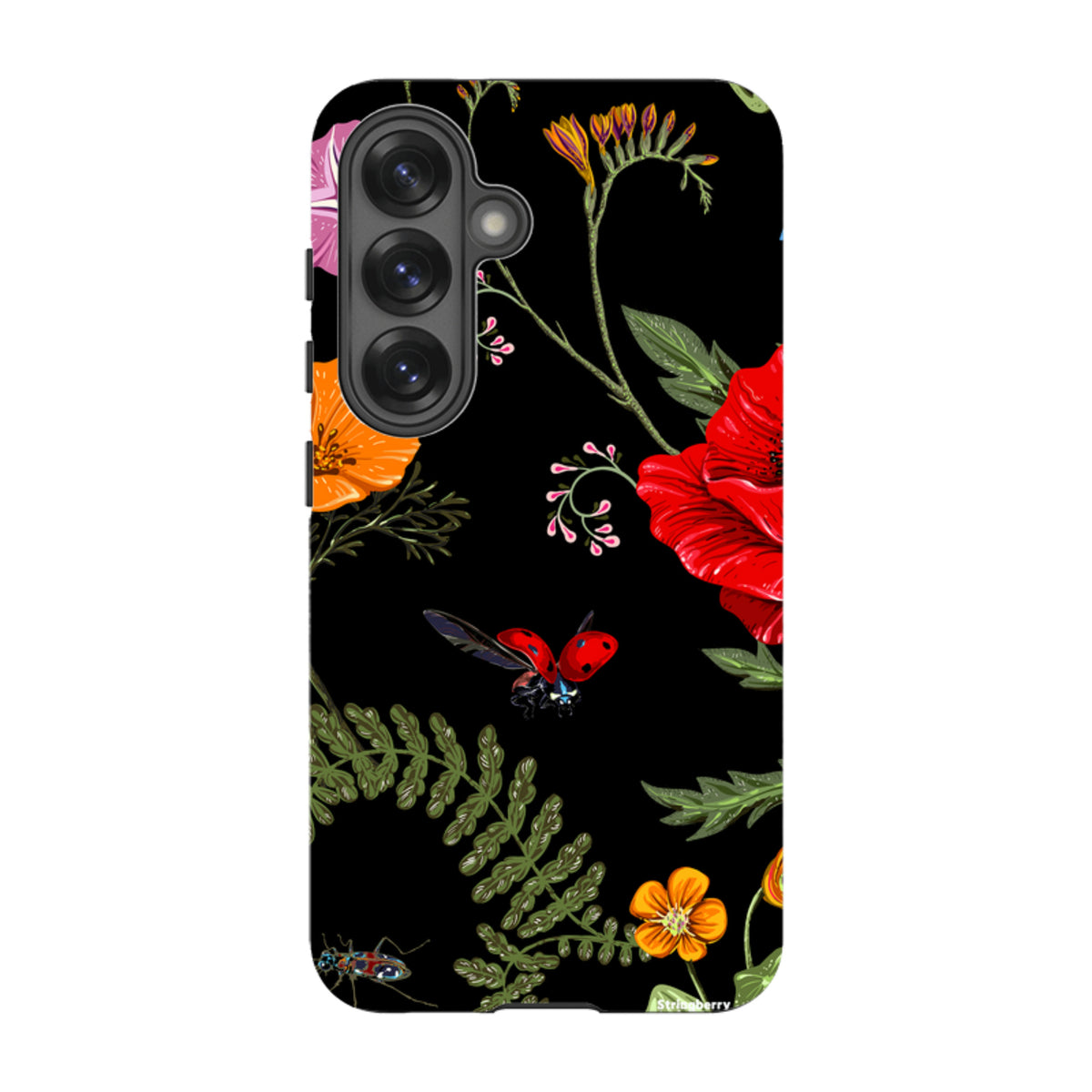 Samsung Tough Case featuring a black background with vibrant red poppies, orange flowers, green ferns, and ladybugs.