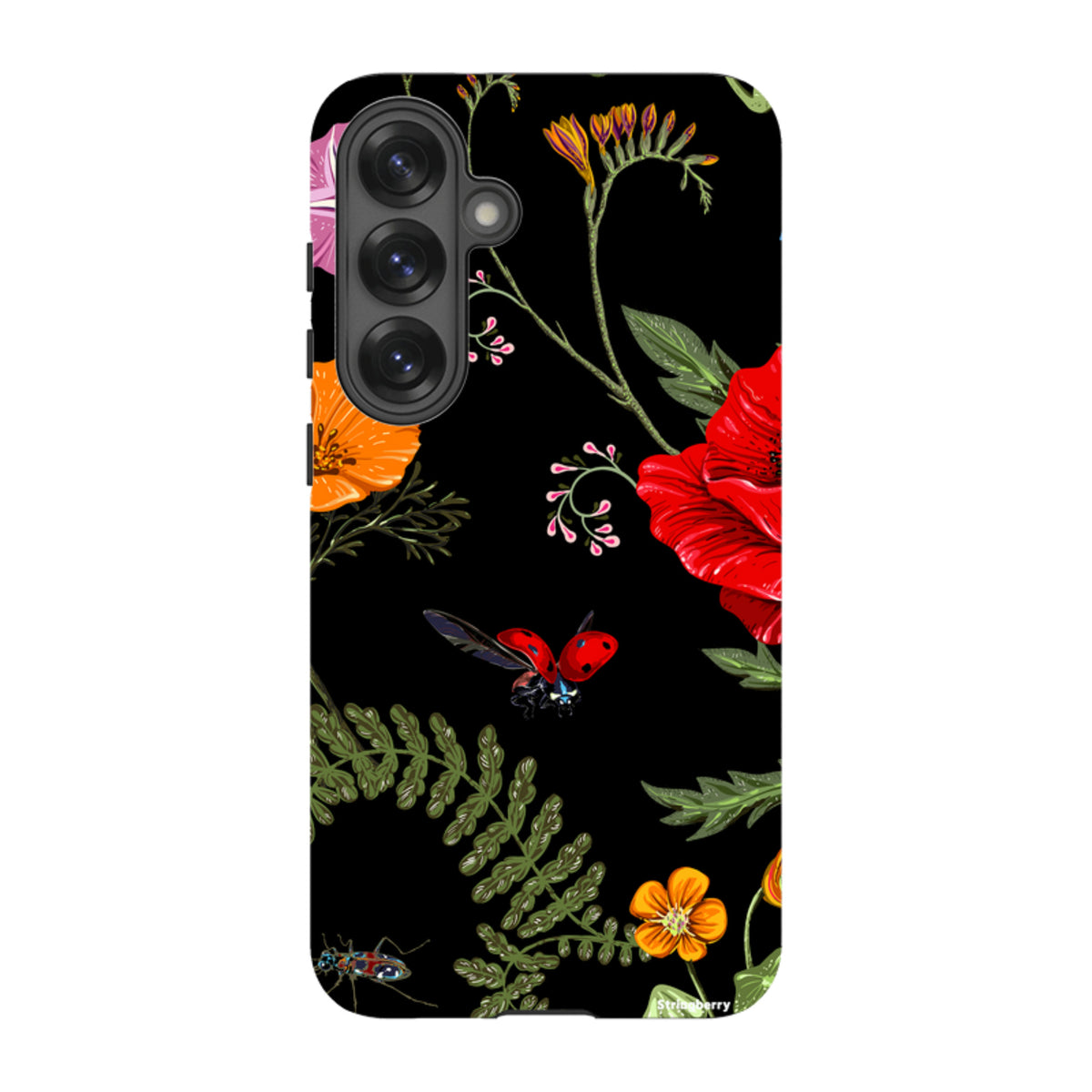 Samsung Tough Case with Moonlight Garden floral print, featuring vibrant red poppies and a ladybug on a black background.