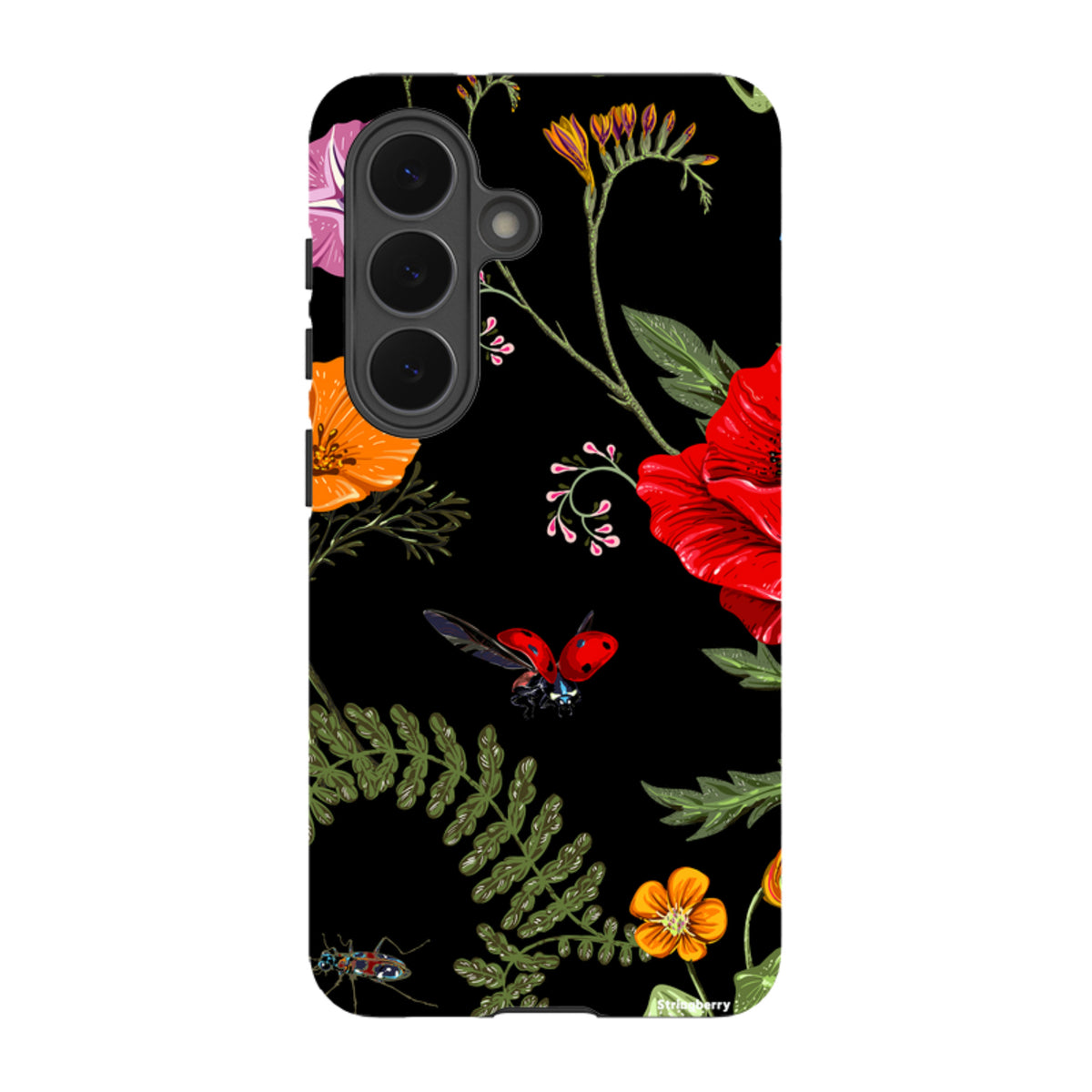 Samsung Tough Case featuring a black background with vibrant red poppies, orange flowers, and ladybugs.