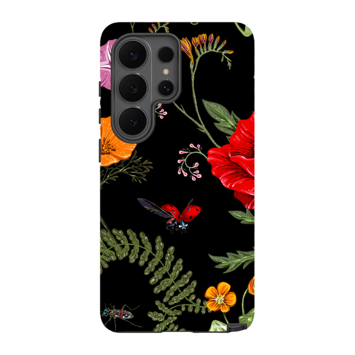 Samsung Tough Case featuring a black background with vibrant floral and ladybug artwork for Galaxy devices.