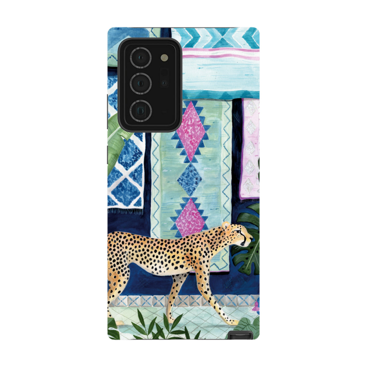 Samsung Tough Case featuring a cheetah walking against a vibrant, patterned Moroccan-style textile background.