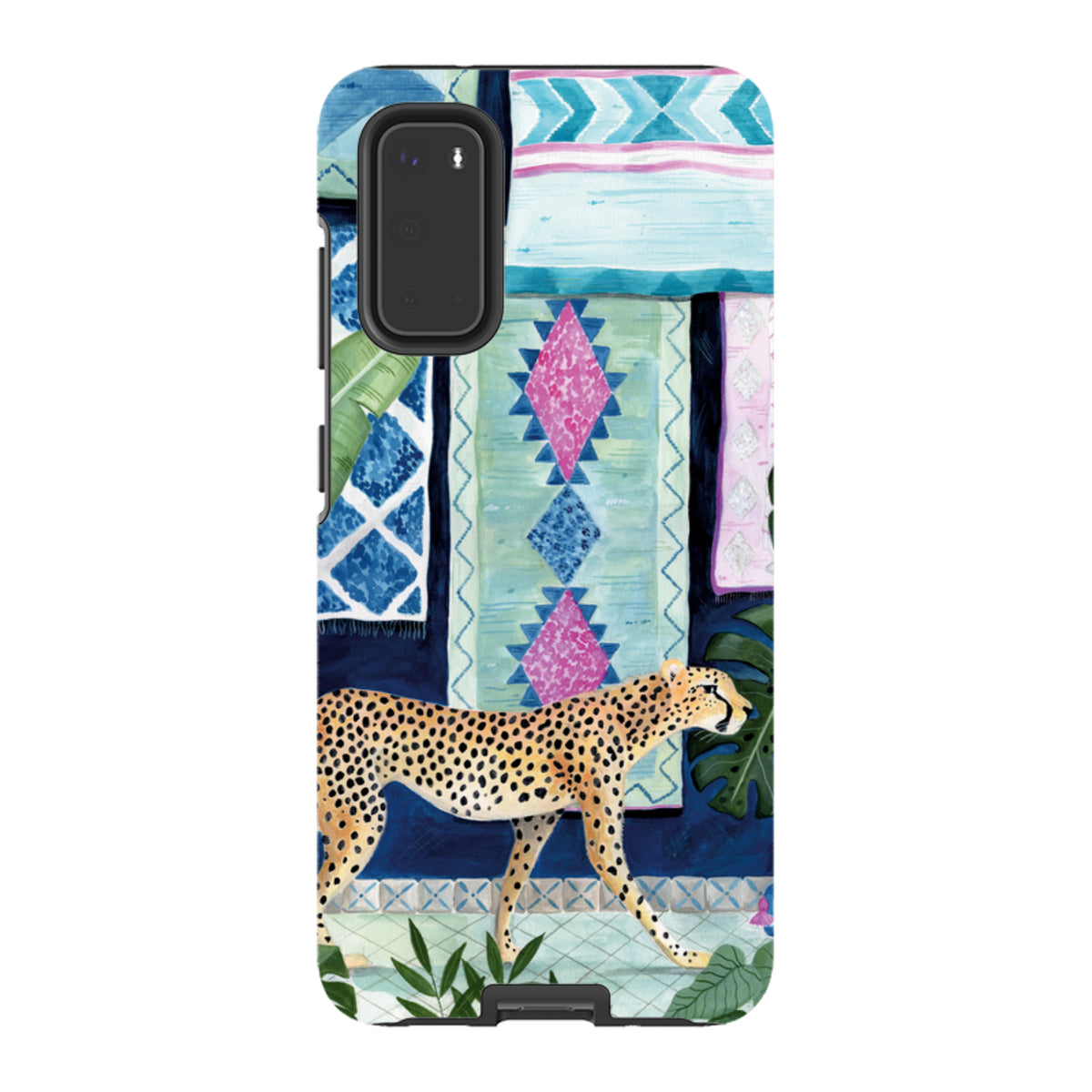 Samsung Tough Case featuring a cheetah against a colorful Moroccan-style tapestry and blue wall background.