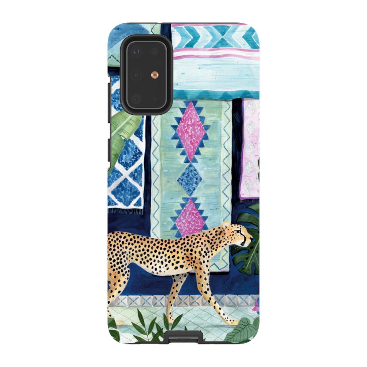 Samsung Tough Case featuring a cheetah walking against a vibrant, patterned Moroccan-style textile background.