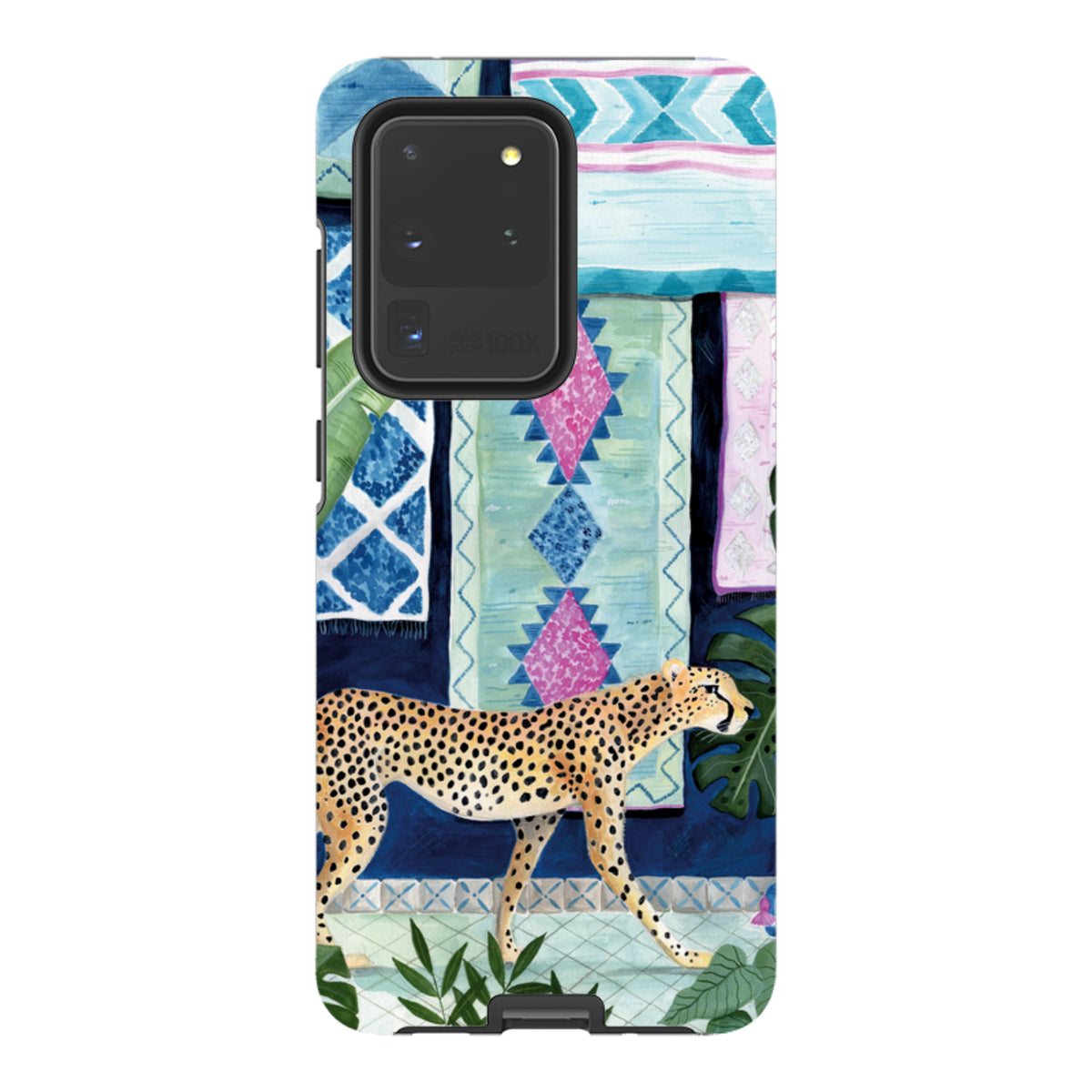 Samsung Tough Case featuring a cheetah in a Moroccan-inspired setting with vibrant blue, pink, and tropical leaf patterns.
