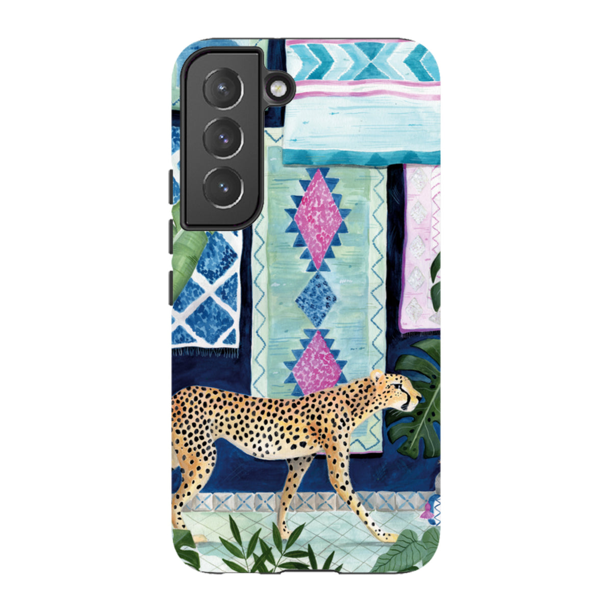 Samsung Tough Case featuring a cheetah in a vibrant, patterned Moroccan-style setting with dual-layer protection.