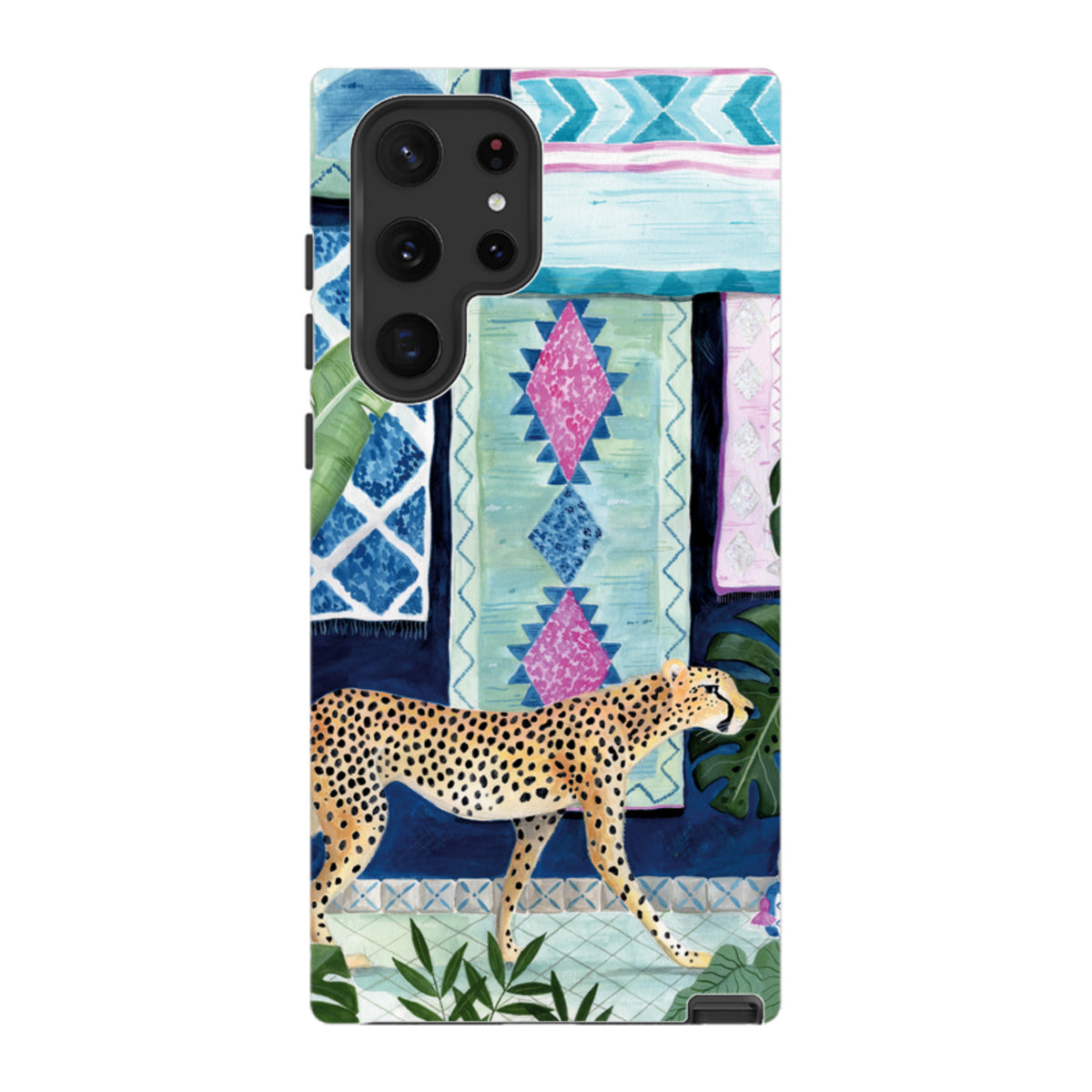 Samsung Tough Case featuring a cheetah walking past colorful Moroccan-style rugs and tropical plants.