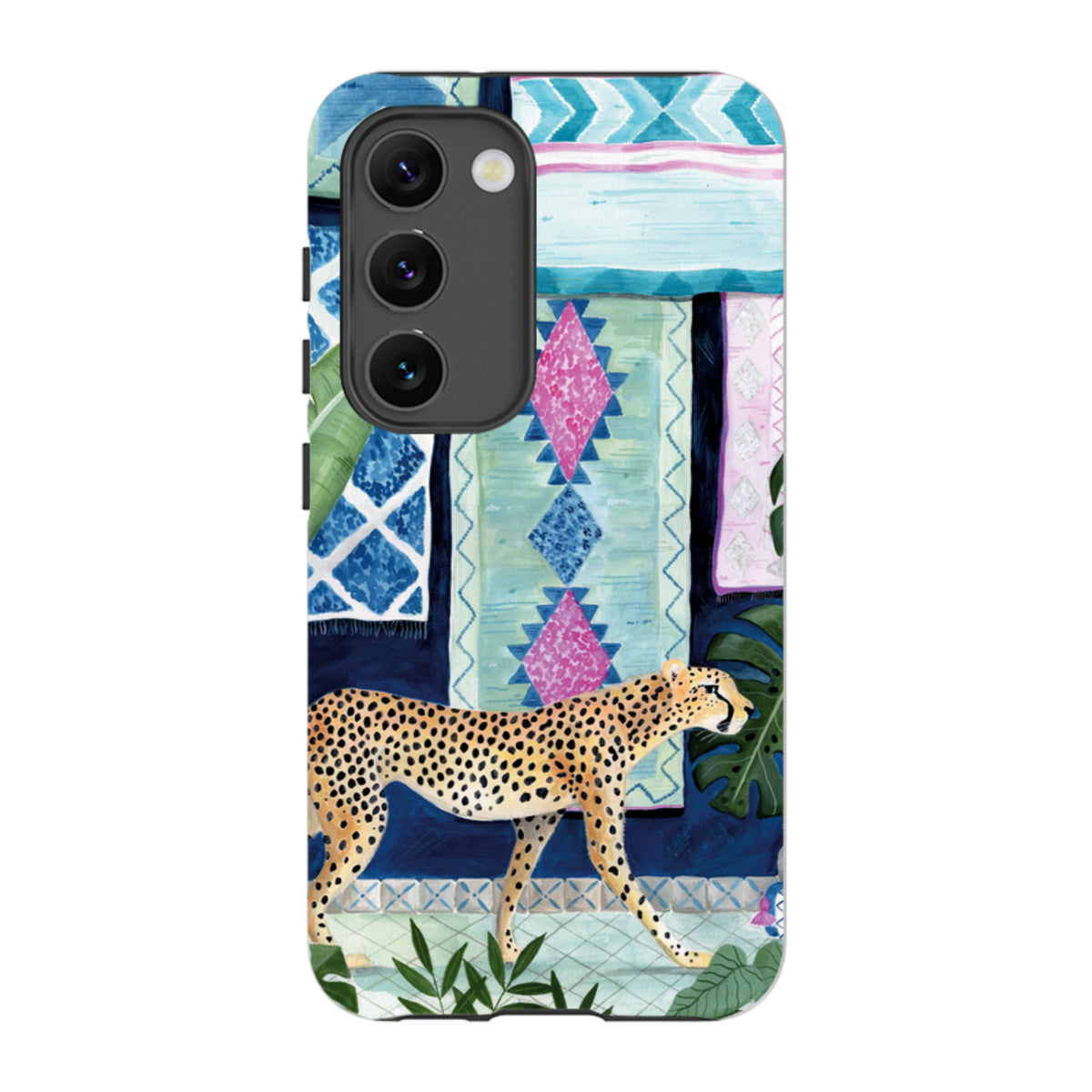 Samsung Tough Case featuring a cheetah, tropical leaves, and vibrant Moroccan-inspired geometric patterns.