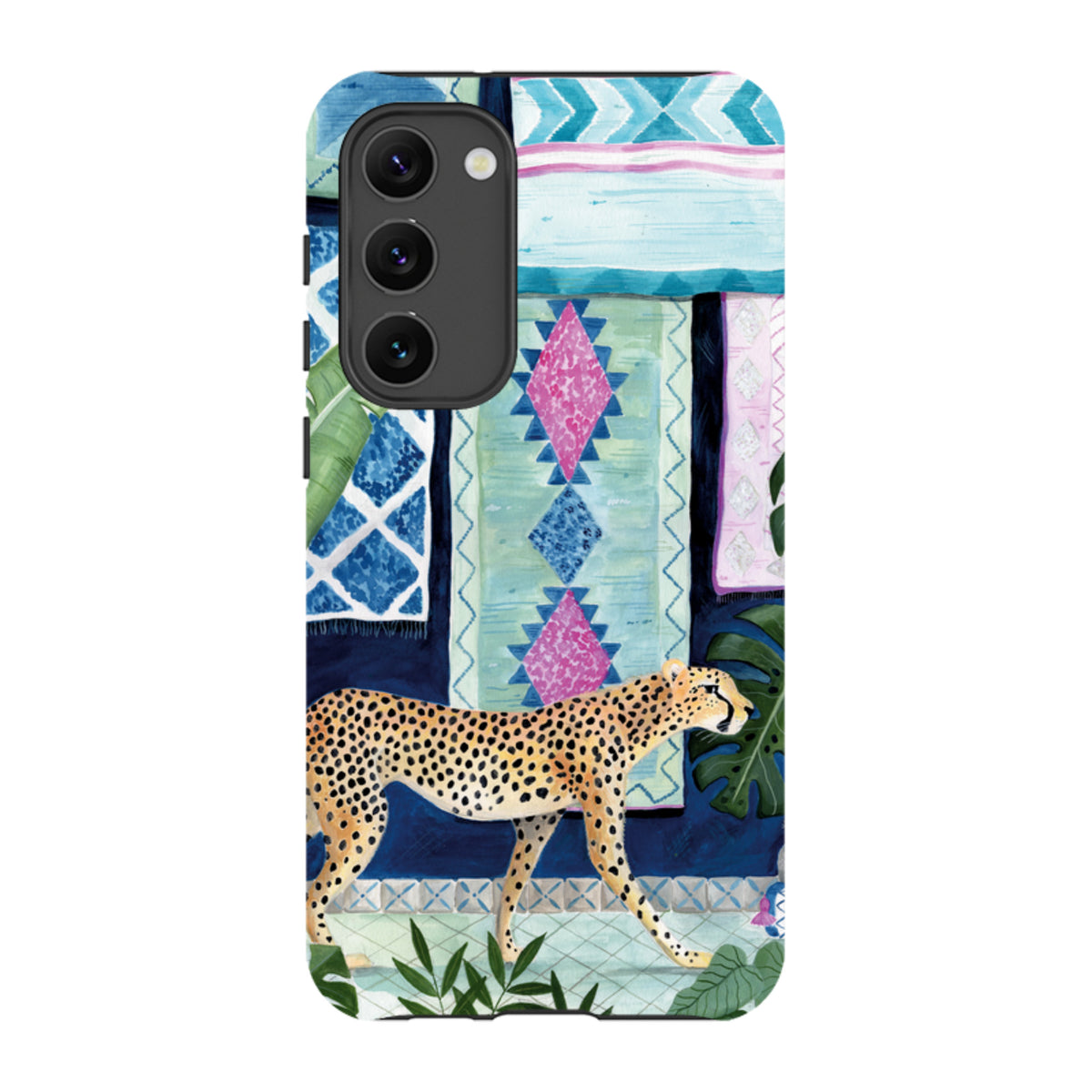 Samsung Tough Case featuring a cheetah in a vibrant, artistic Moroccan-inspired setting with dual-layer protection.
