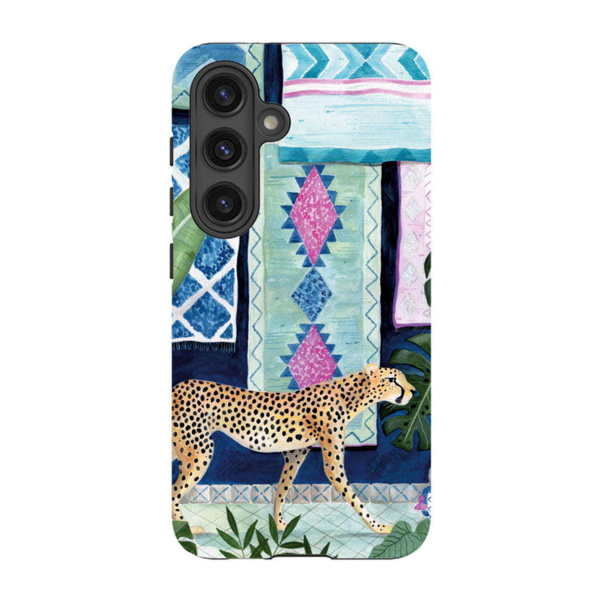 Samsung Tough Case featuring a cheetah walking against a vibrant, patterned Moroccan-style backdrop in blue and pink.