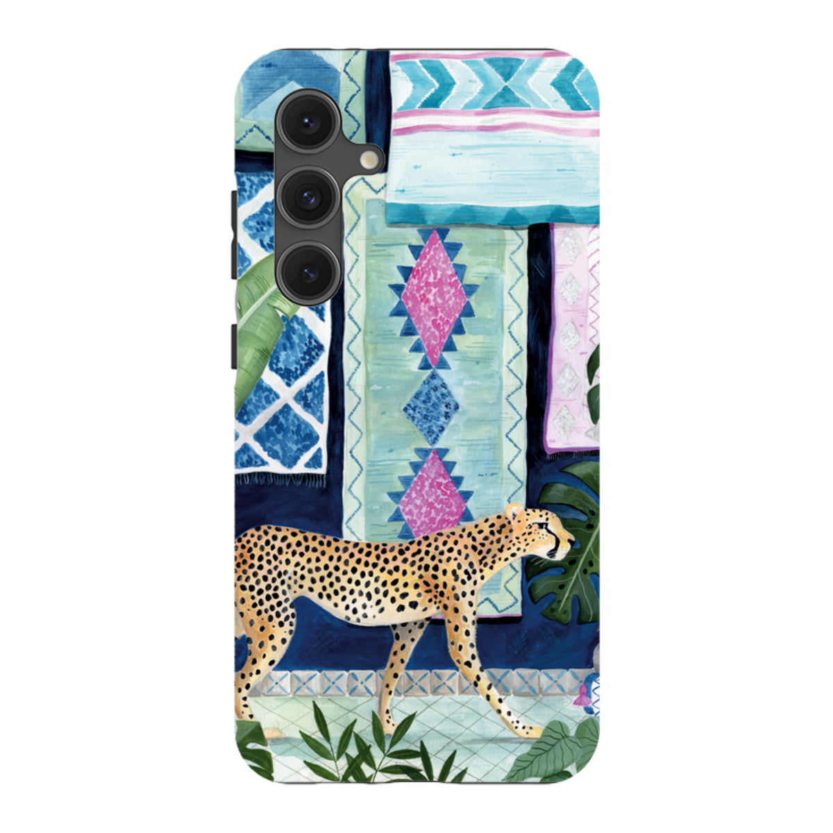 Samsung Tough Case featuring a cheetah against a colorful Moroccan-style patterned wall and tropical foliage.
