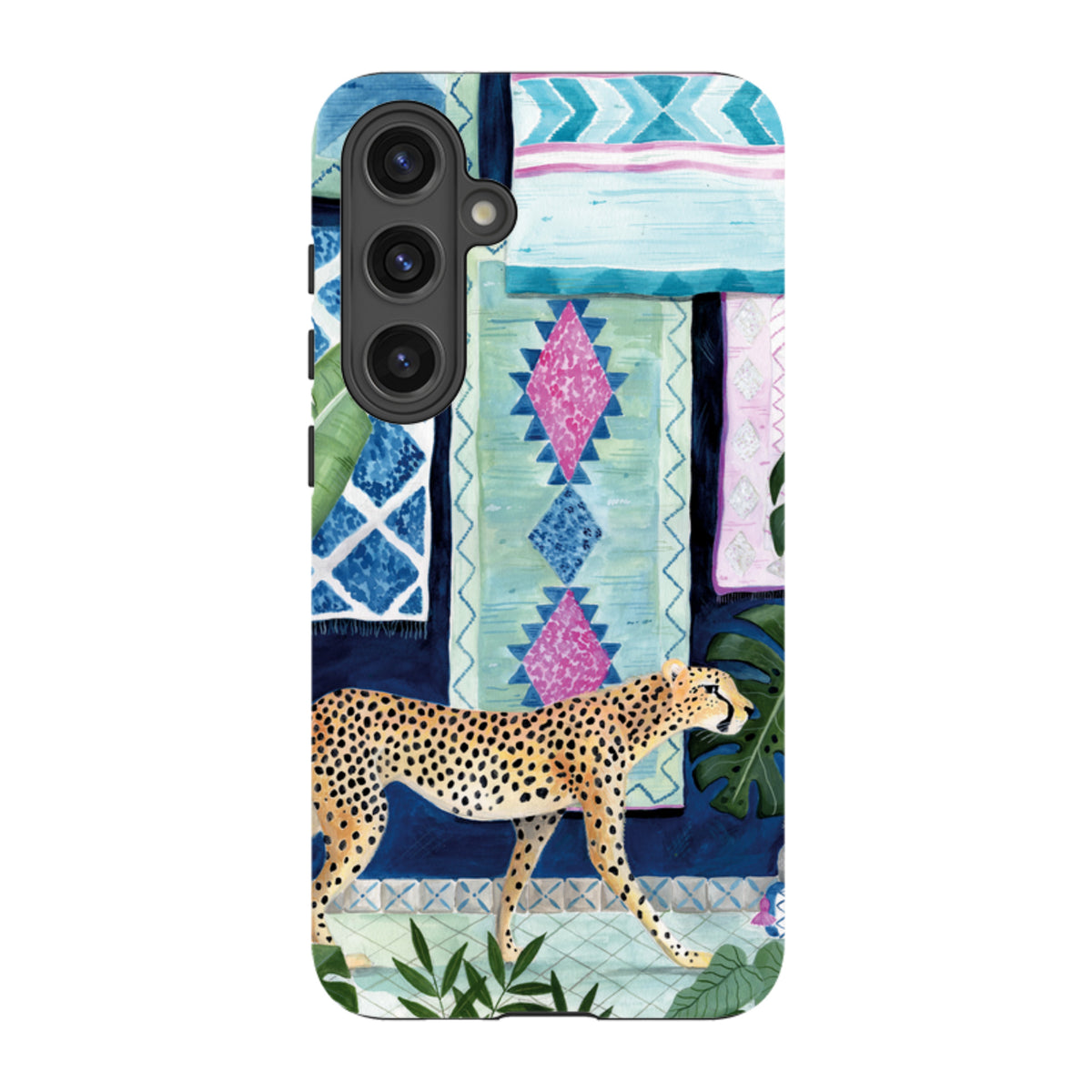 Samsung Tough Case featuring a cheetah on a colorful Moroccan-style patterned background with dual-layer protection.