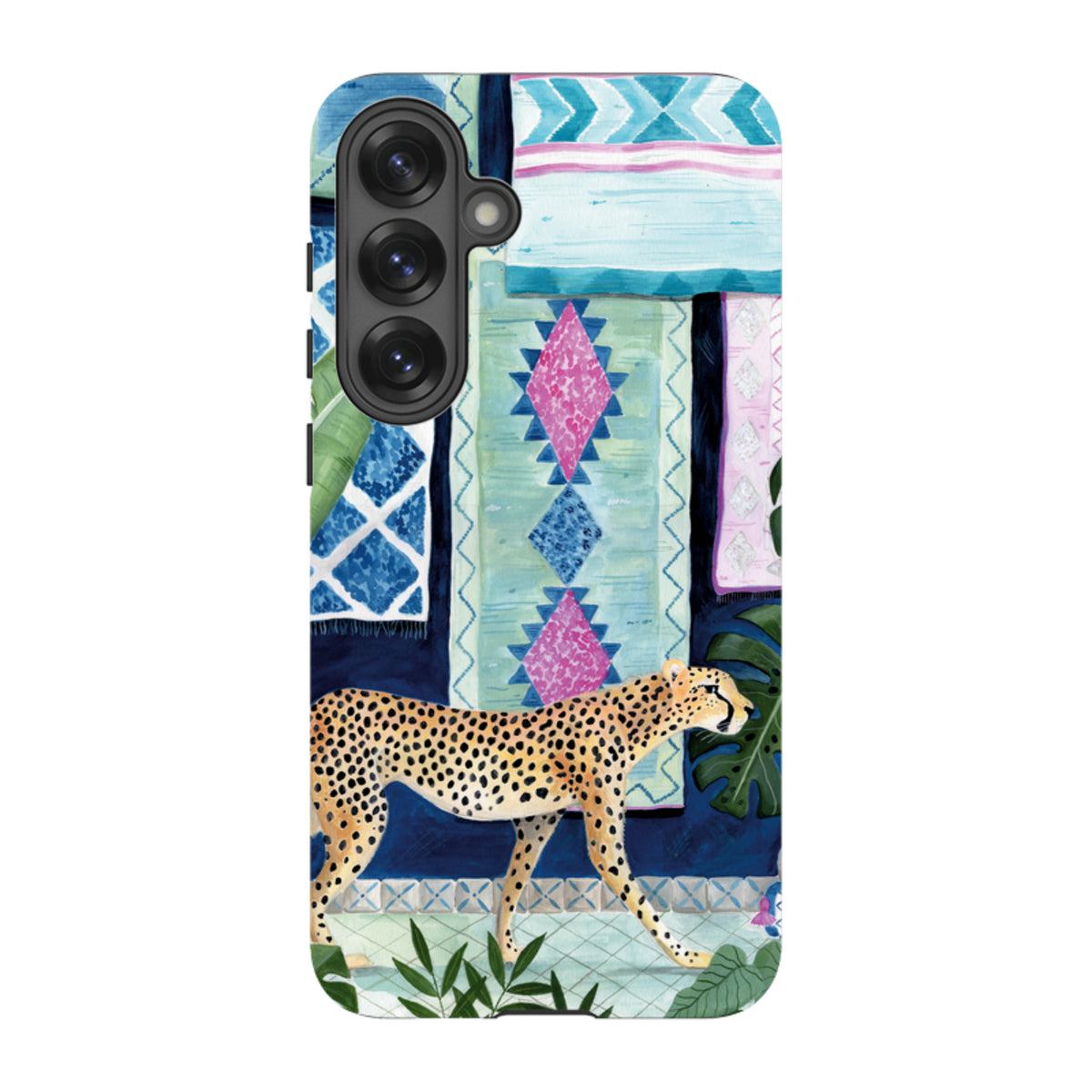 Samsung Tough Case featuring a cheetah walking against a vibrant, blue-toned Moroccan-inspired patterned background.