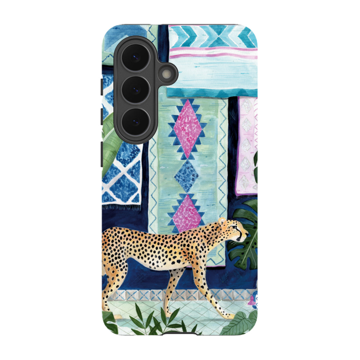 Samsung Tough Case featuring a cheetah walking before colorful Moroccan-style rugs and tropical foliage.