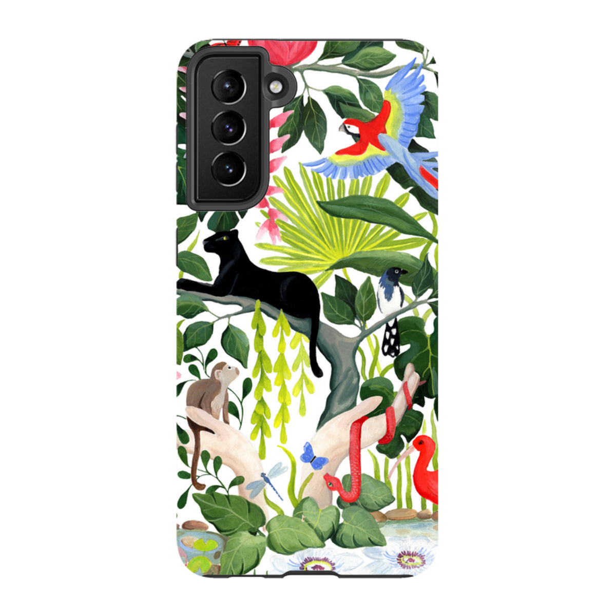 Samsung Tough Case featuring a vibrant jungle print with a black panther, colorful birds, and a snake on a white background.