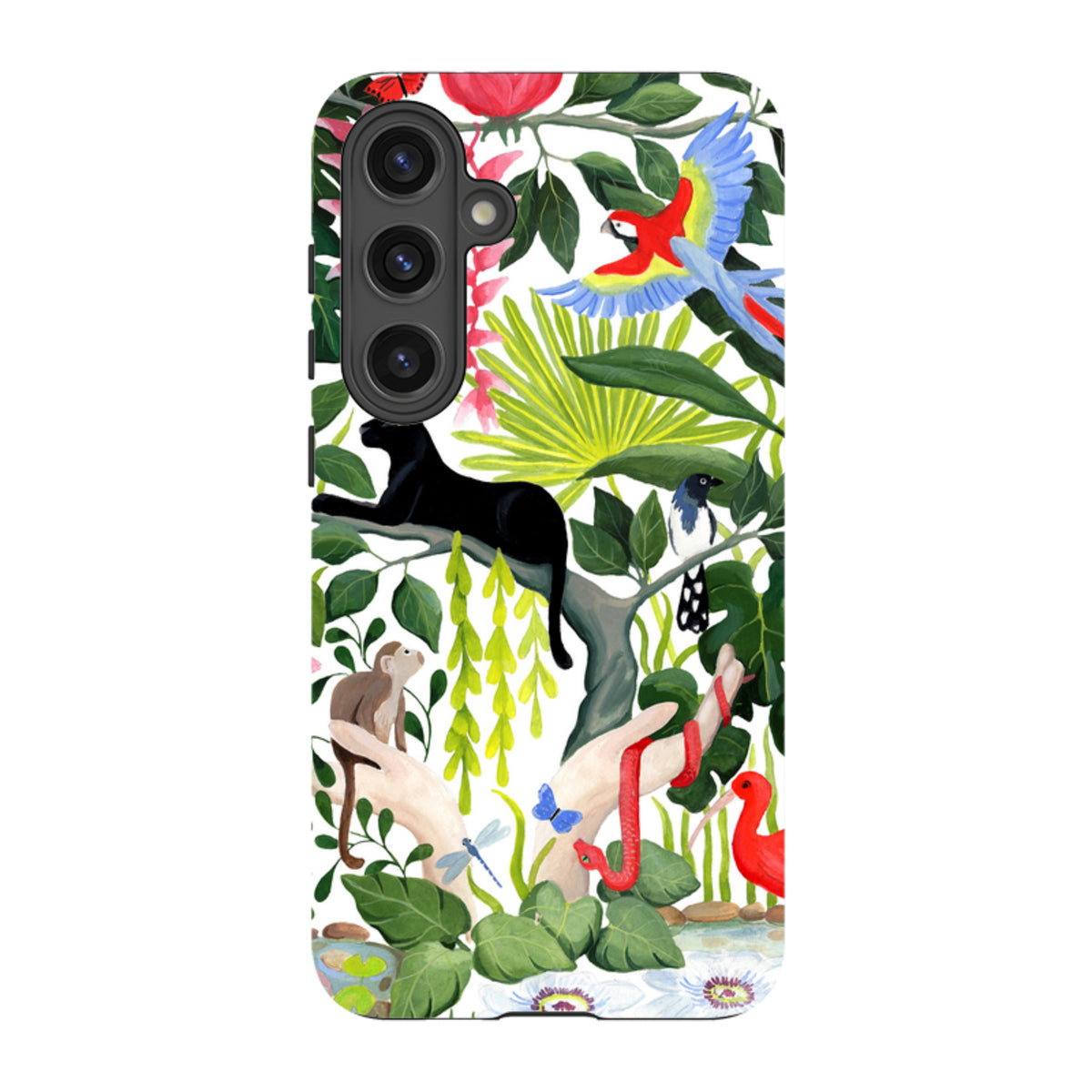 Samsung Tough Case featuring vibrant jungle artwork with a black panther, colorful birds, and tropical foliage.