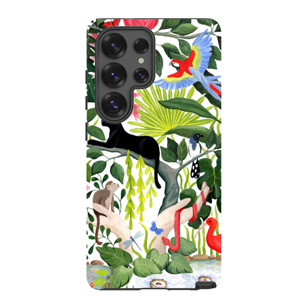Samsung Tough Case featuring a vibrant Mother Nature jungle print with animals, birds, and plants on a dual-layer shell.