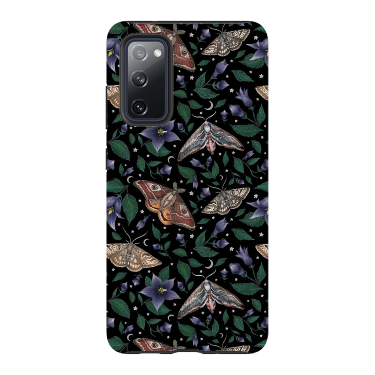 Samsung Tough Case featuring a black background with detailed moth, purple flower, and star illustrations.